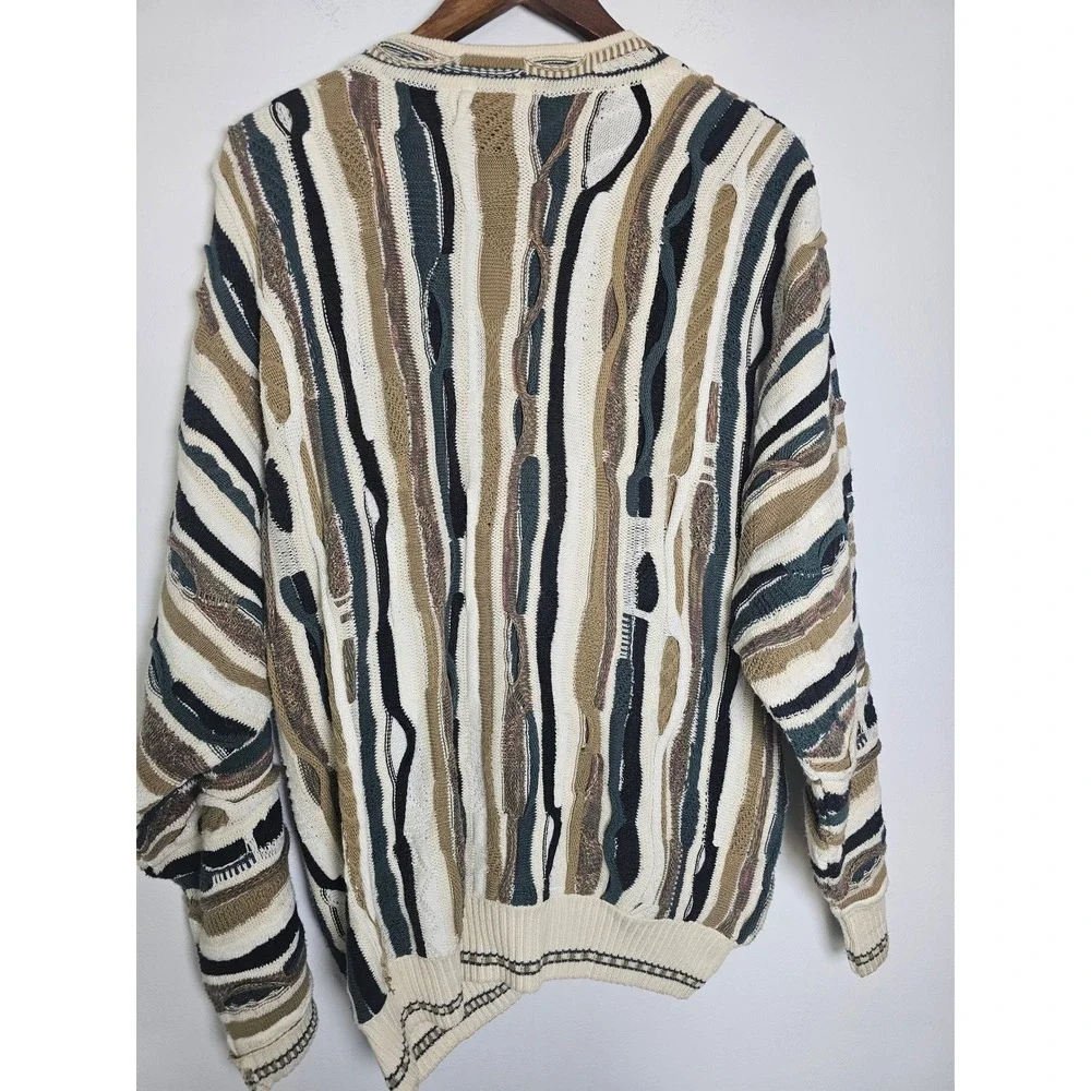 [Grandpacore] J. Ferrar 3D Knit Cardigan Mens Large  Green Striped Coogi Style